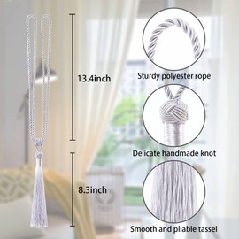 Pretty Jolly Long Tassels Curtain Tiebacks Handmade Braided Rope Knot Draped Tiebacks Elegant Decorative Curtain Holdbacks for Home and Office, Silver, Pack of 4