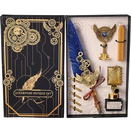 Quill Feather Pen and Ink Set, Calligraphy Set, Calligraphy Kits Includes Antique Quill Feather Pen, 6 Feather Pen Tips, 1 Bottle of Inks, Pen Holder, Seal Stamp and Wax, Birthday Gift