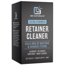 Retainer Cleanser Tablets Invisalign Cleaner, Removes Odors Discoloration Stains and Plaque 4 Month Supply Denture Cleansers Retainers Mouth Guards Denture Bath Mint by M3 Naturals