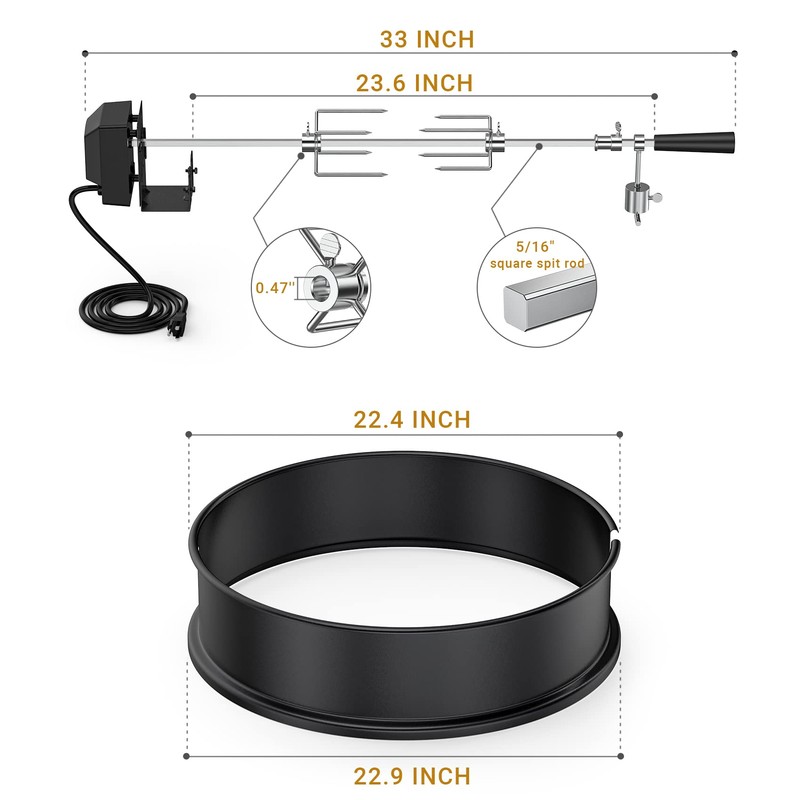 onlyfire Universal High-Temp Resistance Black Coated Steel Charcoal Kettle Rotisserie