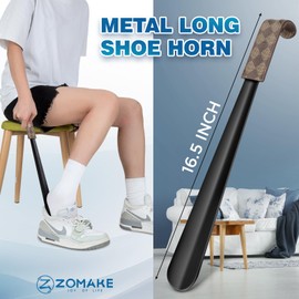 ZOMAKE Shoe Horn Long Handle for Seniors Men Women,Metal Long Shoehorn for Boots,16.5" Shoe Spoon Helper(Block Handle)