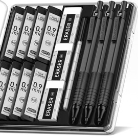 Four Candies 0.9mm Metal Mechanical Pencil Set with Case, 3 Count 480 Lead HB Lead Stationery Set with Eraser for Engineers, Art, Writing and Drafting, Black