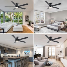 POCHFAN 60 Inch Black Ceiling Fans with Lights and Remote, LED Low Profile Flush Mount Ceiling Fan for Bedroom, Living Room, Quiet DC Motor, Dimmable 6 Speeds