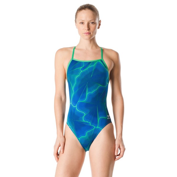 Speedo Women's Swimsuit One Piece Endurance+ Cross Back Printed Adult Team Colors, Static Boom Blue/Green, 22