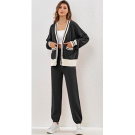 ETCYY NEW Women's Two Piece Sweater Set Oversized Knit Cardigan and High Waisted Baggy Pants Matching Lounge Sets Pajamas Outfits Travel Clothing (ContrastBlack2, M)