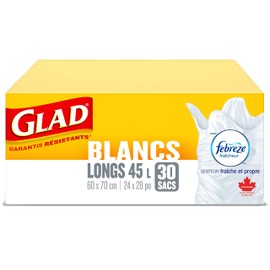 Glad White Garbage Bags - Tall 45 Litres - Febreze Fresh Clean Scent, 30 Trash Bags, Made in Canada of Global Components