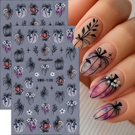 Halloween Nail Art Stickers, Halloween Pumpkin Nail Decals 3D Embossed with Grass Flowers Star Design 2PCS Pumpkin Nail Art Supplies for Women Decoration