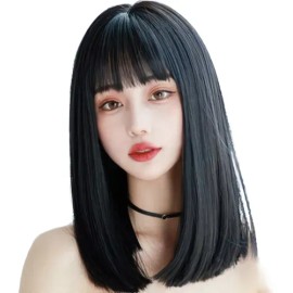 . Peluca Lacia Negro Sintetica Natural Mujer Con Flequillo