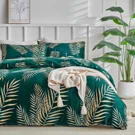 Tokokimo Double Duvet Cover Set Emerald Green Bedding - Golden Tropical Leaves Print Double Duvet Set (1x Quilt Cover, 2x Pillowcases) Green Bedding 200x200 cm, Tropical Leaf