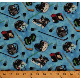 Elizabeth Studios Cotton Ice Hockey Sticks Helmets Skates Gloves Blue Fabric Print by Yard D662.53