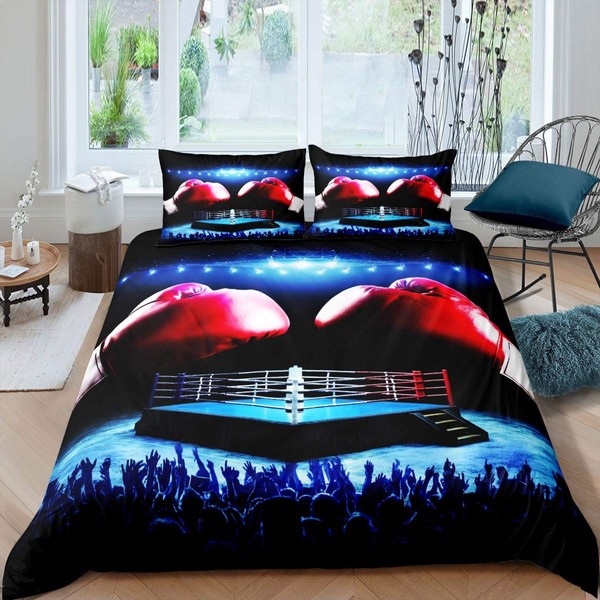 Boxing Gloves Pattern Bedding Set Sports Theme Comforter Cover for Kids Boys Girls Teens Boxing Match Duvet Cover Breathable Cool Red Blue Bedspread Cover Room Decor Quilt Cover Single Size