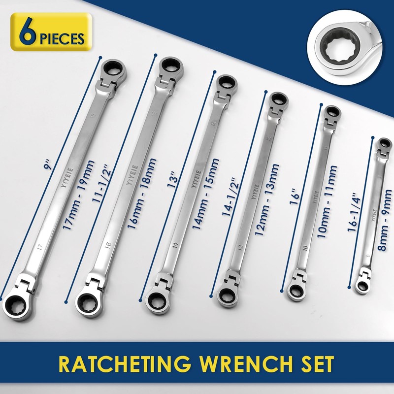YIYEIE 6 Pcs Extra Long Flex Head Ratcheting Wrench Set,