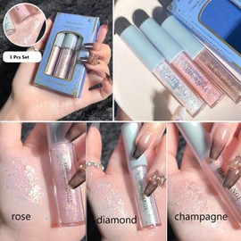 KARLOR Glitter Eyeshadow Liquid, 3 Pieces Glitter Eyeshadow Liquid Eyeshadow Shiny Highlighter Diamond Liquid Eyeshadow Champagne Silver Rose Shimmer Shiny Pearlescent Liquid Eye Makeup Stick