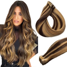 Belaved Highlights Tape in Hair Extensions Human Hair 100% Natural Hair Extensions Medium Brown&Dark Blonde Pre Bonded Glue on Hair Extensions 50 Grams 20 Pcs 24inch
