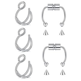incaton Fake Double Hoop Nose Rings 6pcs Clip On Fake Lip Nose Septum Belly Rings Faux Helix Earring Stainless Steel Non Pierced Percing Jewellery