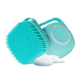 Pet Brush and Shampoo Dispensing Tool for Dogs and Cats - 2-in-1 Deshedding Tool with Soft Silicone Bristles - Cute Animal Design, Massager and Exfoliating Hair Wash Brush (Baby Blue)