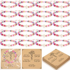 Liliaafar 20 Sets Cross Bracelets Bulk for Women Clay Bead Jesus Bracelet Elastic with Cards for Summer Beach Friendship Jewelry Gifts(Rainbow Colors)