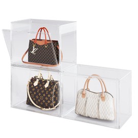 Purse Organizer for Closet,3 Packs Clear Acrylic Display Case for Handbag Organizer,Purse Storage Box with Magnetic Door, Stackable Plastic Storage Bins for Handbag,Collectibles, Cosmetic