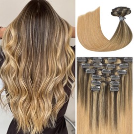 Ukira Balayage Hair Extensions Real Human Hair, 12 Inch 100g 7pcs Medium Brown Mixed Golden Brown Ombre Honey Blonde Clip in Hair Extensions, Remy Human Hair Clip in Extensions for Women