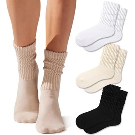 Fszsaa Women's Multipair Cotton Cushioned Athletic Retro Slouch Mid Calf Rib Tube Socks