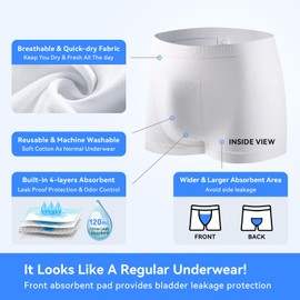 Carer Mens Incontinence Underwear Washable 2 PCS Mens Incontinence Boxer Briefs Leak Proof Underwear for Men Reusable Incontinence Underwear for Men 120ML, X-Large