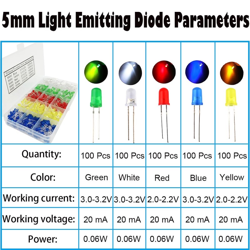 CESFONJER 500pcs x 5mm Light Emitting Diode, Diffused 2pin Round