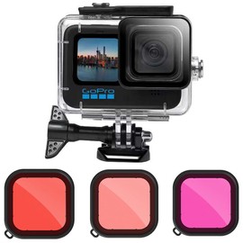 Kiowon Diving Housing for GoPro 12 11 10 9 for GoPro HERO12 HERO11 HERO11 HERO10 HERO9 50M Waterproof Case + 3 Type Lens Filter (Red+Magenta+Pink) Underwater Photography Accessories Accessories for Go