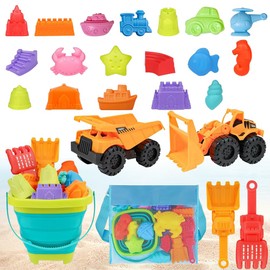 Beach Toys Set for Kids, 24Pcs Sand Toys with Collapsible Bucket and Spade, Beach Set Kids Sand Pit Toys with Shovels, Molds, Sand Truck, Castle Building Kit for Children Toddlers Boys Girls