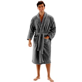Men's Robe Microfiber Plush Fleece Shawl Bathrobe - Gray - Small