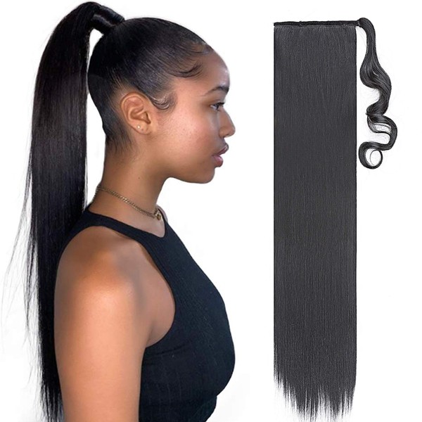 Wrap Around Ponytail Extensions Ponytail Hairpiece Clip in Extensions Like Real Hair Braid Straight Synthetic Hair Cheap Hair Extension 80 cm Long Dark Black