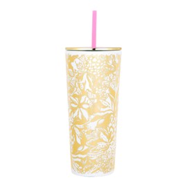 Lilly Pulitzer Gold Double Wall Tumbler with Lid and Reusable Straw, Insulated Travel Cup Holds 24 Ounces, Safari Sangria