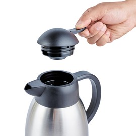 Restaurantware-Restpresso 67.6 Ounce Vacuum Insulated Coffee Carafe/Server, 1 Double Walled Coffee Decanter - Push - Button, Leakproof, Silver Stainless Steel Hot Beverage Dispenser