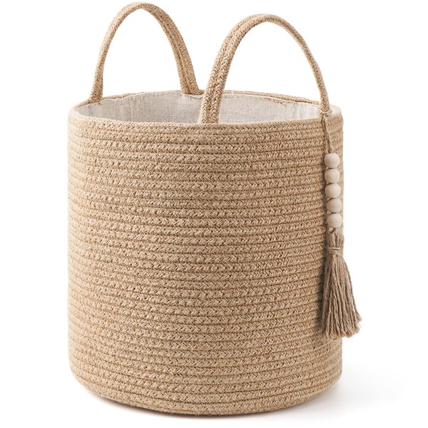 Mkono Woven Storage Basket Decorative Natural Rope Basket Wooden Bead Decoration for Blankets,Toys,Clothes,Shoes,Plant Organizer Bin with Handles Living Room Home Decor