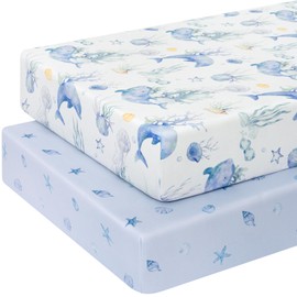 Yukkidds Next to Me Crib Sheets Fitted 83x50cm Baby Bedside Crib Sheets 2 Pack Super Soft & Breathable Microfiber Compatible with Chicco Next2Me Blue Dolphin