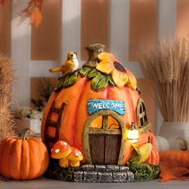 TERESA'S COLLECTIONS Outdoor Garden Decoration, Weatherproof Pumpkin House with Solar Light, Resin Garden Decoration, Fairy House Outdoor, Fairy House Garden Decoration, Gifts for Women, 13.5 cm