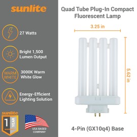 Sunlite 41760 FML27/65K/2PK Quad Tube Plug-in Compact Fluorescent Lamp, FML 4-Pin, 27 Watts, 1500 Lumens, 6500K Daylight, 4-Pin (GX10q4) Base, 120 Volts, 6 Pack