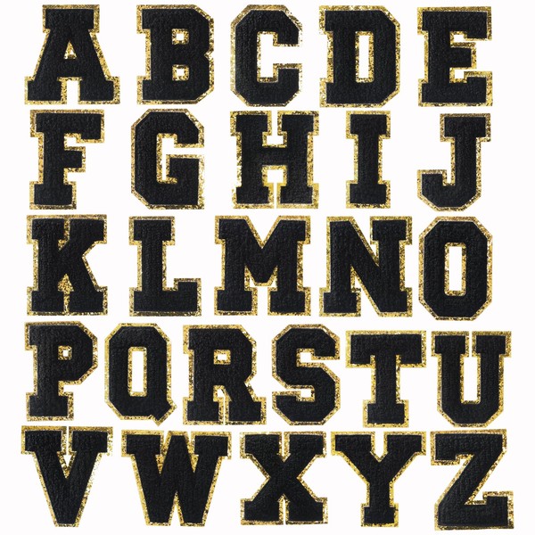 26 Pieces Black Chenille Letter Patches, Embroidered Letters, Glitter Patches,