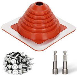 #2 Metal Roof Pipe Flashing, Metal Roofing Pipe Flashing Boot Fits Pipe OD 1-1/4" to 3" Wide, Includes Flexible Silicone High Temp Roof Vent Boot, Hex Socket x2, Roofing Screw x50, Square Base, Red