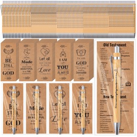 Haooryx 100 Set Christian Religious Bible Verse Ballpoint Pen with Bookmark, Bamboo Inspirational Pens with Scripture Biblical Bookmarks for Church Gift Bulk Sunday School VBS Baptism Favors