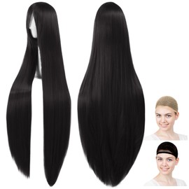 CaseEden 6167 Premium Long Straight Cosplay Wig, 47.2 inches (120 cm), Black, Pure Black
