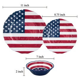 Supreme Housewares 12-Piece Melamine Dinnerware Set, Includes Dinner Plates, Salad Plates, Bowls, Service for 4. (American Flag)
