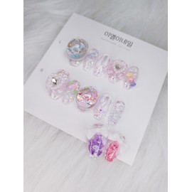 Ribbon bear aqua ball nail tip handmade 12p composition - short nose pin / 리본곰돌이 아쿠아볼네일팁 핸드메이드 12p구성 - 숏코핀