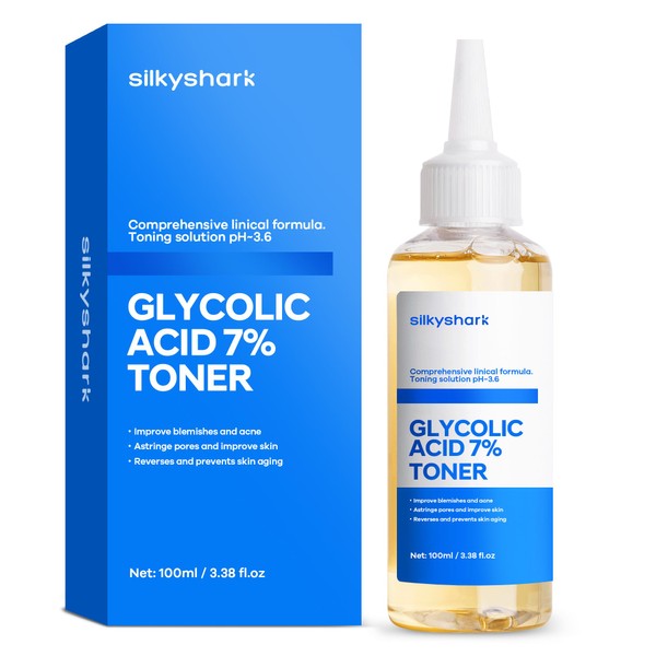SilkyShark Glycolic Acid 7% Toner (100ml), Gentle Exfoliating Toner, Glycolic