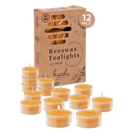 Hyoola Pure Beeswax Tea Lights, Handmade Decorative Unscented, Tealight Candles, 4 Hour Burn Time, Clear Cup (Pack of 12)