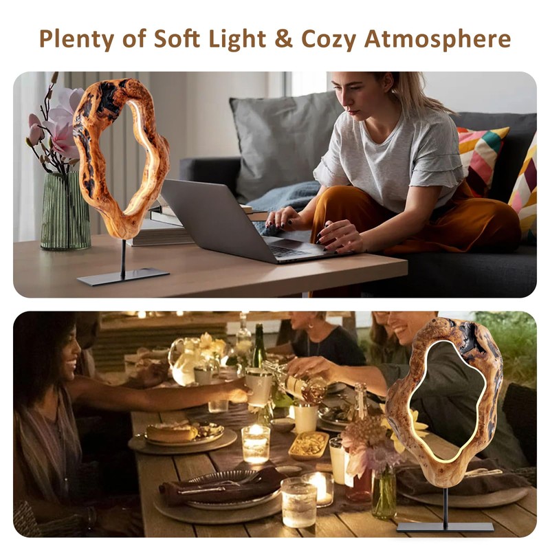 LAPTAIN LED Wood Table Lamp, Irregular Bedside Lamp with Dimmable,