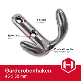 GedoTec Moon Designer Coat Hooks Vintage Wall Hooks Brushed Stainless Steel Coat Hooks 45 x 58 mm Double Hooks Including Mounting Material Pack of 5 Clothes Hooks Coat Hooks Coat Rack for Wall