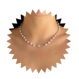 Inilbran Boho Pearl Choker Necklace Silver Pearl Necklace Choker Vintage Cross Crucifix Necklace Minimalist Pearl Cross Necklace Jewelry for Women and Girls
