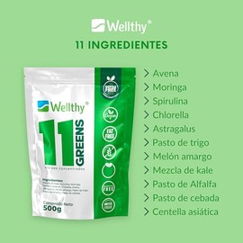 Wellthy 11 Greens Jugo Verde en Polvo 500g con Espirulina. Producto Vegano, Fat Free, Gluten Free, 100 porciones por Envase, NON GMO, Bottle Free.    