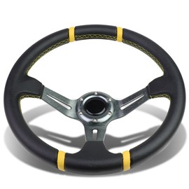 DNA MOTORING 350mm Racing Steering Wheel + Horn Button, 6-Bolt Aluminum Frame Vinyl Leather Cover Car Sport Steering Wheel, Gun Metal Spoke/Yellow Stripe, SW-ZTL-9043-GM-YL