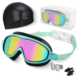 Hurdilen Kids Swimming Goggles for Kids, Anti-fog, UV Protection, Wide View Kids Swim Goggles for 3-15, Suitable for Water Sports Use (Black & Light Green)